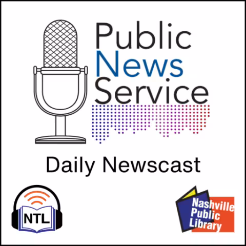 public news service daily newscast image with Talking Library Logo.