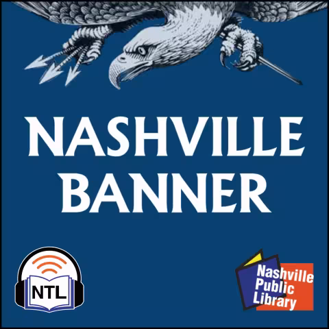 The words Nashville Banner on a blue background below an image of a bird with talons and above the library and talking library logos